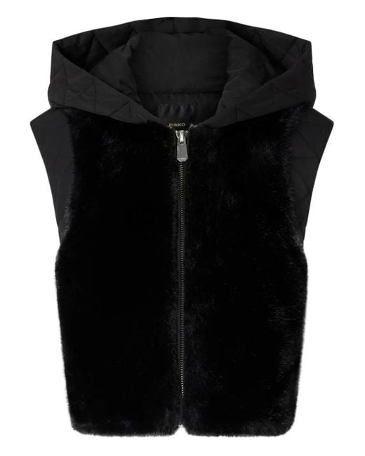 Pinko Black Plush Faux Fur Hooded Vest