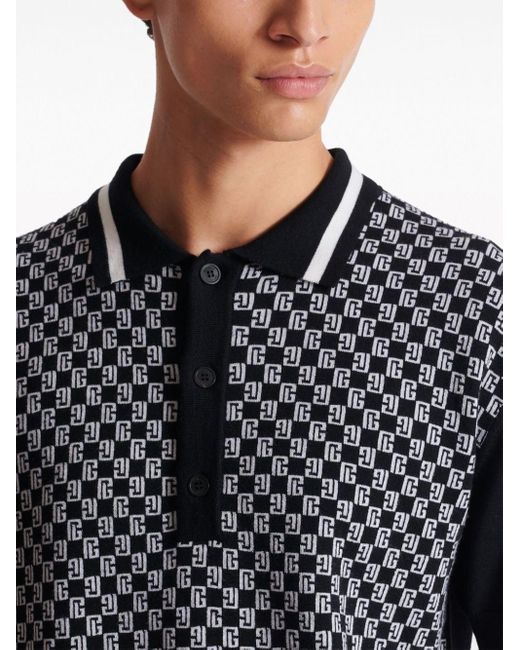Balmain Black Monogram-pattern Wool Polo Shirt for men