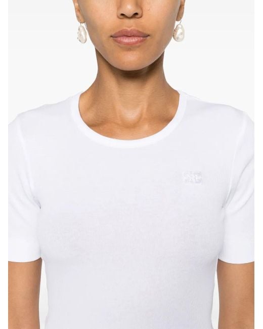 Ganni White Soft Cotton Rib Short Sleeve T-Shirt
