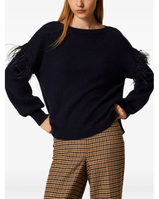 Twinset Blue Feather-Trim Sweater