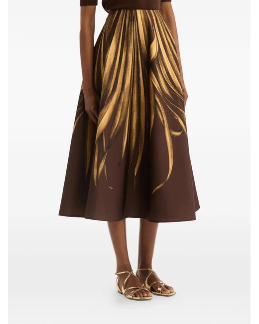 Oscar de la Renta Brown Palm Leaves Faille Skirt
