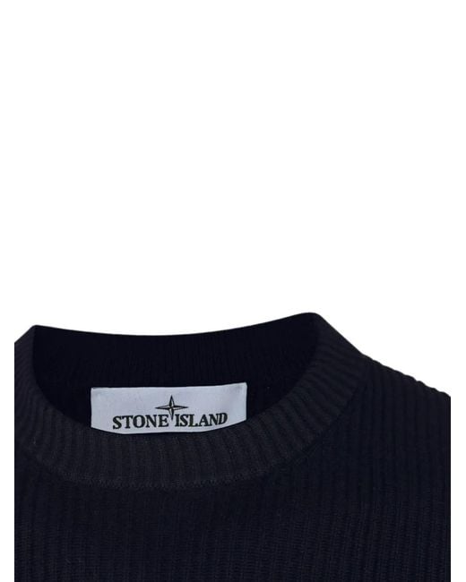 Stone Island Blue Ribbed Rws Wool Crewneck Sweater With A Logo Badge for men