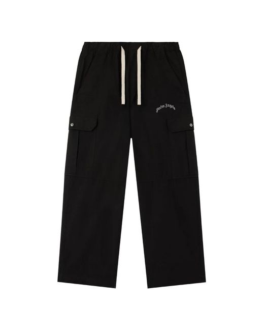 Palm Angels Black Curved Logo Cargo Trousers for men