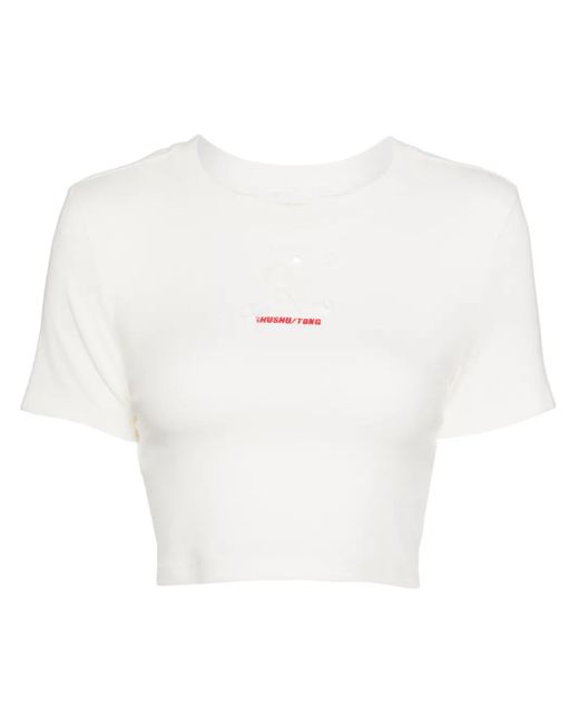 ShuShu/Tong White Stereo Rose Embellished Cropped T-Shirt