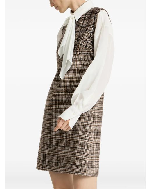 Brunello Cucinelli Brown Checked Alpaca And Wool Mini Dress With Dazzling Degradé-Embroidery