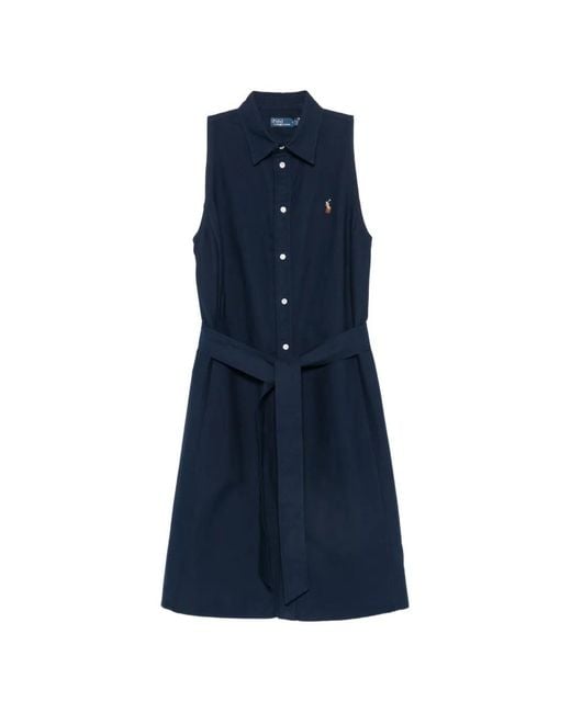Polo Ralph Lauren Blue Robe-Chemise Courte Ceinturée À Design Sans Manches