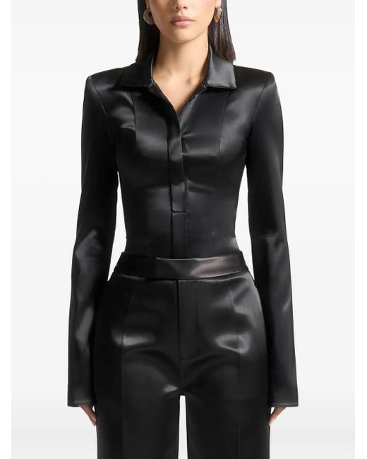 Manière De Voir Black Louise Wide-Shoulder Satin Shirt Bodysuit