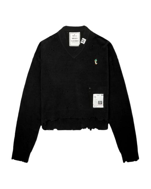 Maison Mihara Yasuhiro Women's Black Frayed V-Neck Sweater