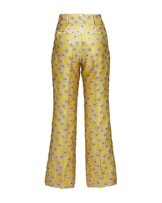 LaDoubleJ Yellow Hendrix Floral-Embroidery Flared Trousers
