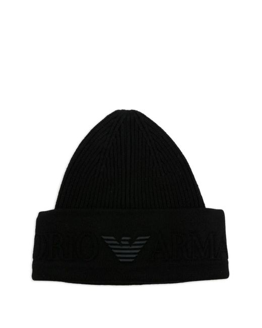 Berretto A Coste Con Logo Ricamato di Emporio Armani in Black da Uomo