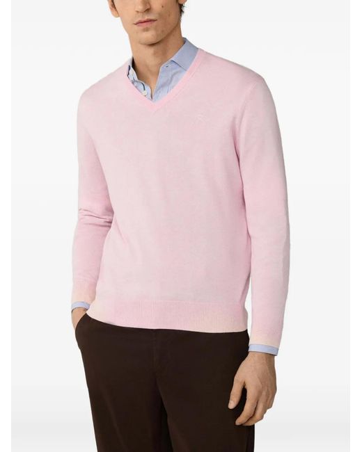Hackett Pink Embroidered-Logo V-Neck Cotton Jumper for men