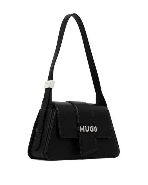 HUGO Black Flap-Detail Logo Shouder Bag