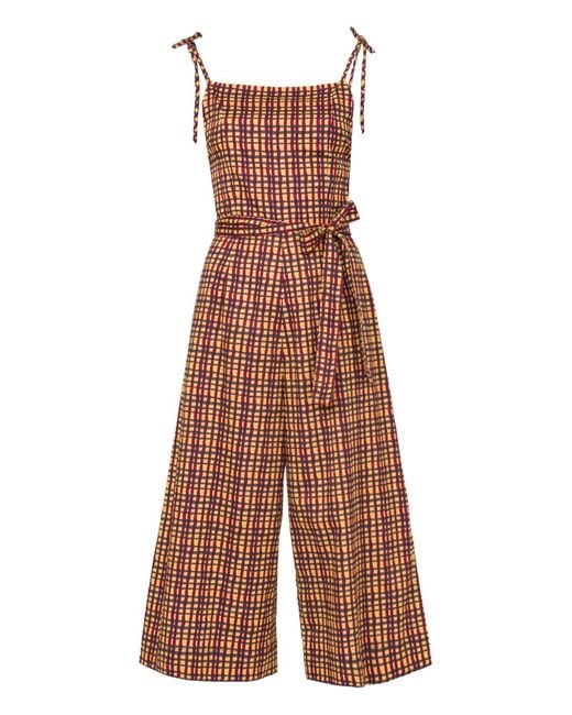 LHD Brown Tie-Strap Checked Jumpsuit