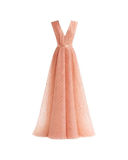 Gemy Maalouf Pink Devoré-Striped V-Neck Dress