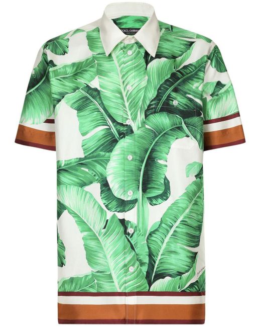 Dolce & Gabbana Green Leaf-print Silk Shirt for men