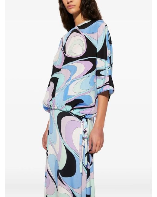 Emilio Pucci Blue Onde-Print Silk Top Blouse