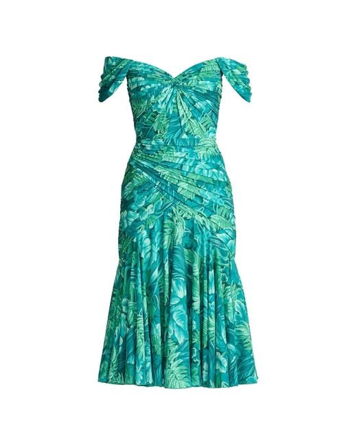 Tadashi Shoji Green Floral-Print Off-Shoulder Midi Dress