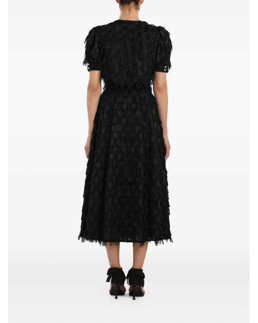 POST MERIDIEM Black Fringe Puff-Sleeve Midi Dress