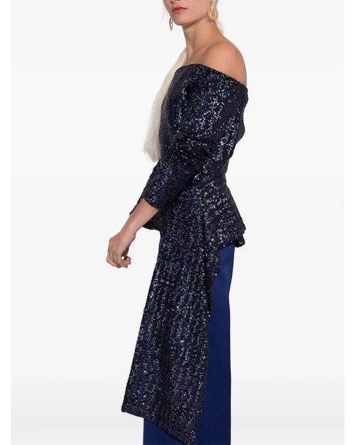 Roland Mouret Blue Sequin-Embellished Off-Shoulder Top