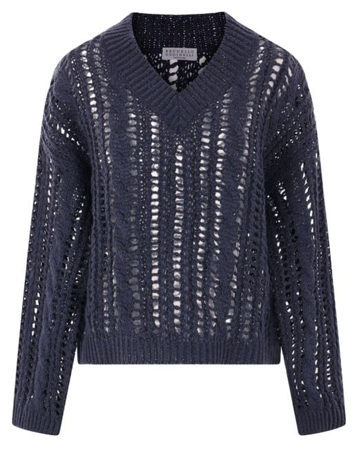 Brunello Cucinelli Blue Open-Knit Sweater