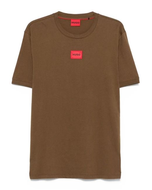 HUGO Brown Logo-Embroidered Cotton T-Shirt for men