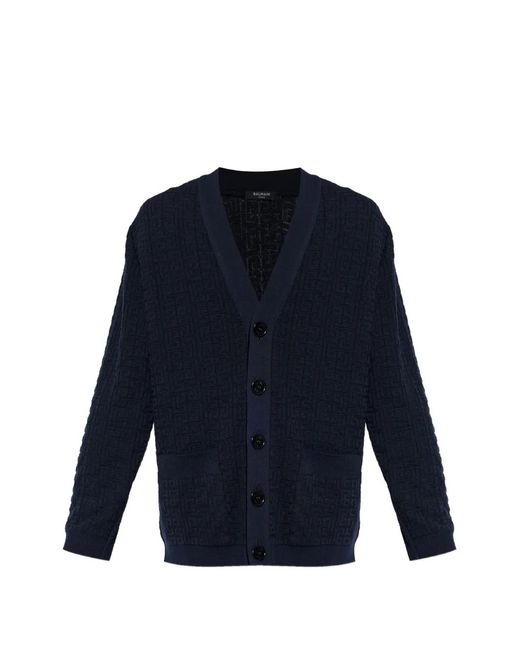 Balmain Blue Jacquard V-Neck Cardigan for men