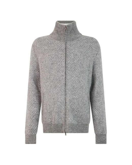 Herno Gray Chevron-Knit Zip-Up Sweater for men