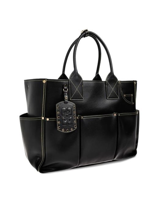 Ganni Black Logo-Tag Multi-Pocket Tote Bag