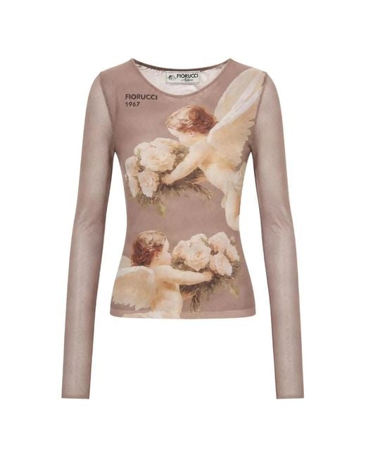 Fiorucci Natural Bouquet Angels Print Mesh Top