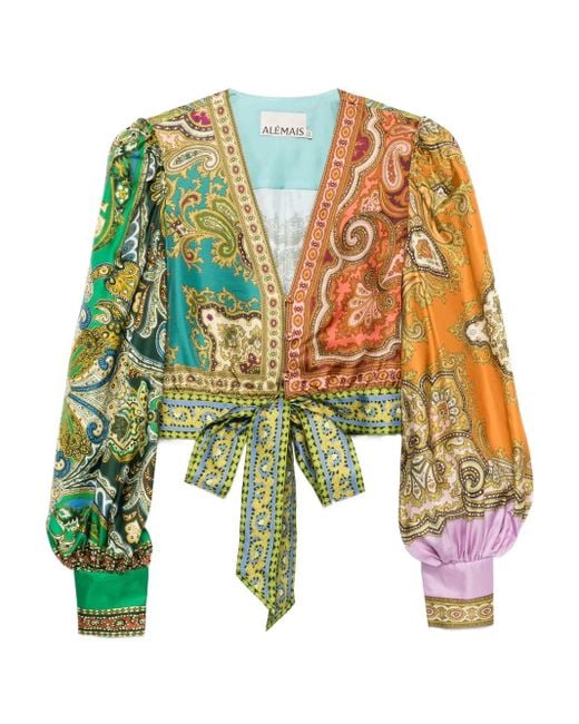 ALÉMAIS Green Paisley-Print Tie-Front Top