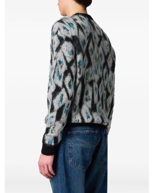 MSGM Gray Geometric-Pattern Mohair-Blend Sweater for men