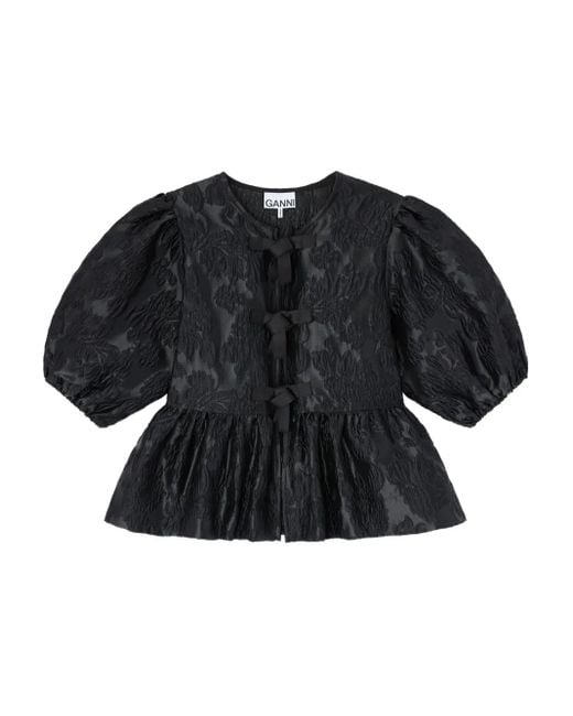 Ganni Black Puff-Sleeve Bow Top