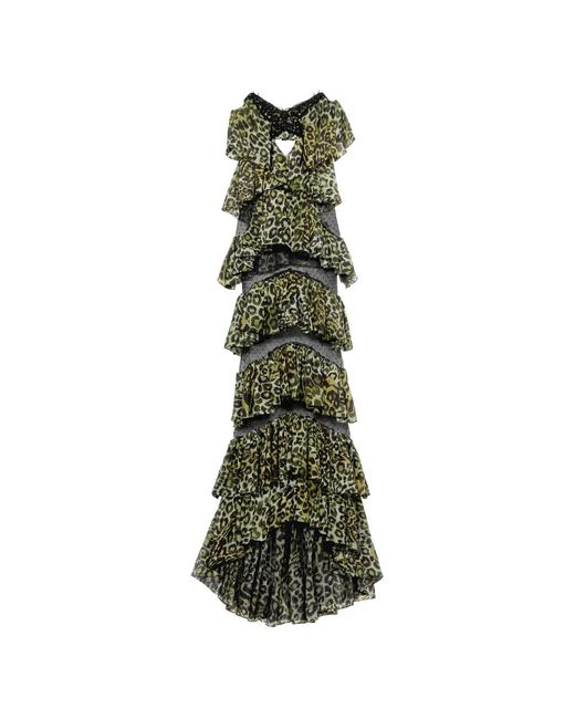 Blumarine Green Ruffled Animal-Print Maxi Dress