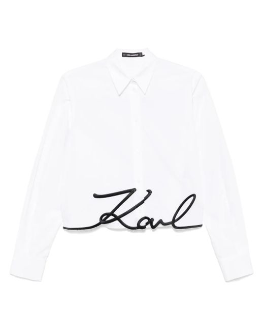 Karl Lagerfeld White Embroidered-Logo Cropped Shirt