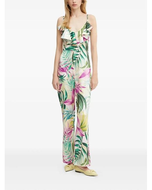 Guess Green Ruffle-Detail Tropical-Print Jumpsuit