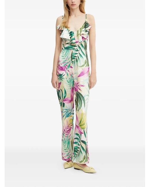 Guess Green Gerüschter Jumpsuit mit tropischem Print