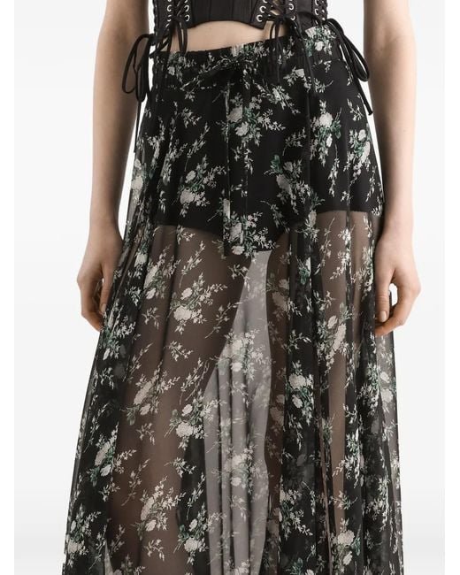 Dolce & Gabbana Black Chiffon Skirt With Rose And Small Flower-Print