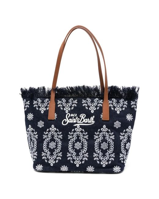 Mc2 Saint Barth Blue Embroidered-Logo Fringed Shoulder Bag