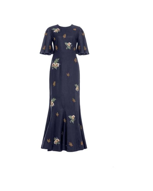 Agua Bendita Blue Robe Longue Ave Anhelo En Lin À Broderies