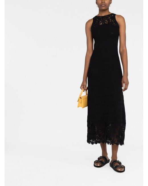 Maje Black Crochet-knit Midi Dress