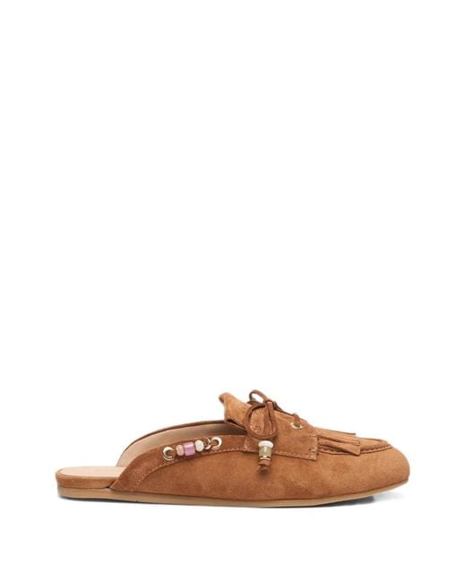 Stuart Weitzman Brown Majorca Tinsley Bead-Embellished Fringe Mules