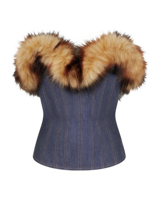 David Koma Blue Detachable Faux-Fur-Trim Corset Top