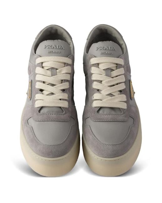 Prada Gray Downtown Bold Re-Nylon And Suede Sneakers