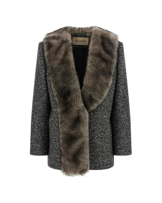 Valentino Garavani Gray Single-Breasted Chevron Bouclé Caban With Shearling