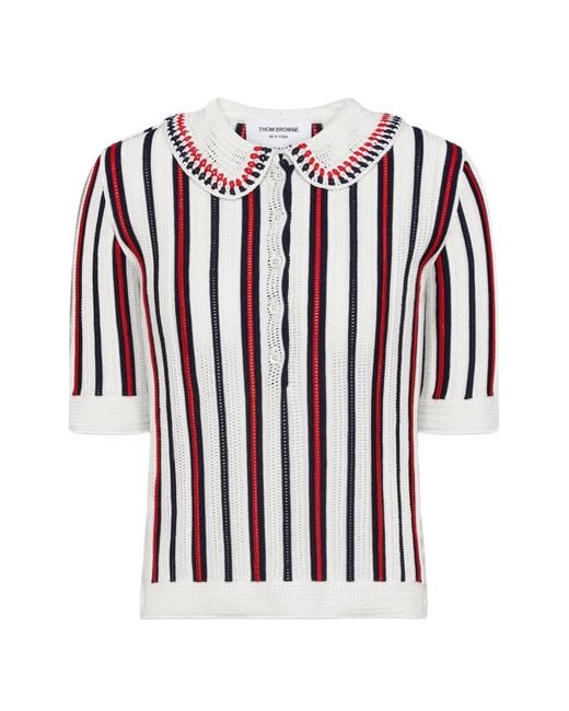 Thom Browne White Striped Crochet-Knit Polo Shirt