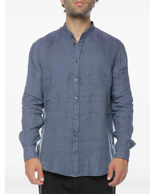 Emporio Armani Blue Mandarin-Collar Linen Shirt for men