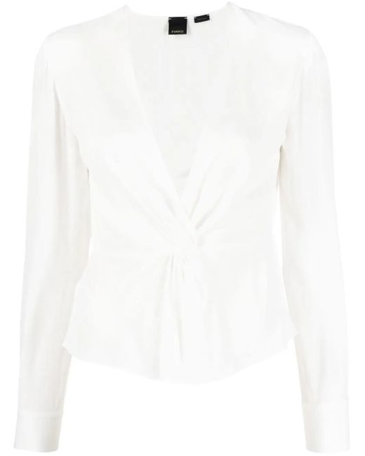 Pinko White Twisted V-Neck Blouse