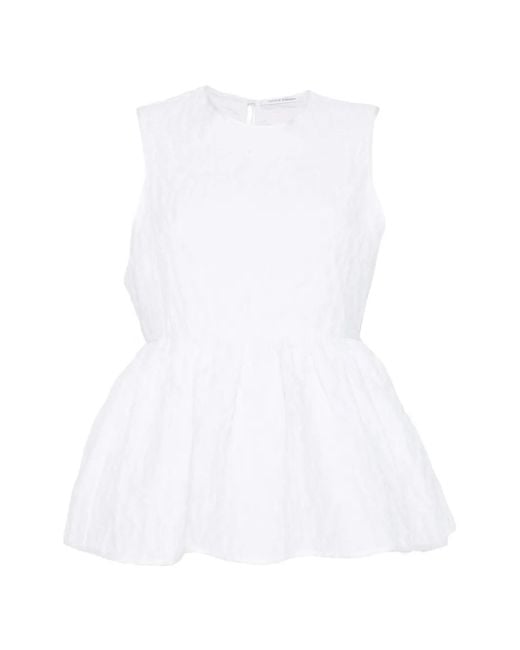CECILIE BAHNSEN White Seersucker Peplum Top