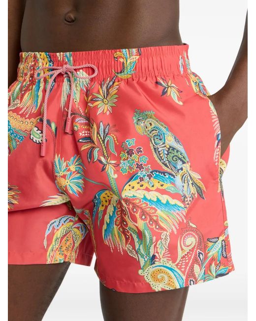 Etro Red Short De Bain À Imprimé Palmier for men