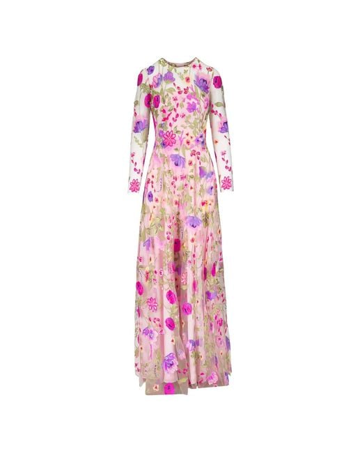 Naeem Khan Pink Floral-Embroidered Long-Sleeve Maxi Dress